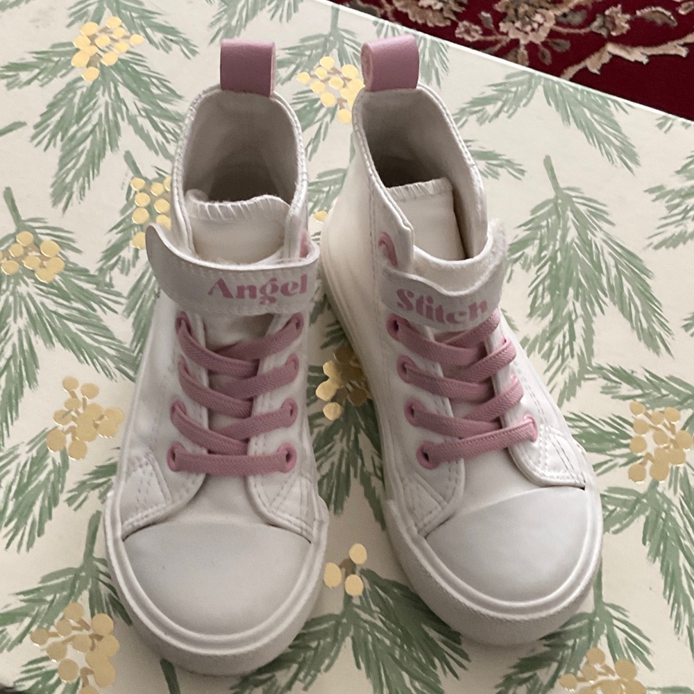 Stitches White High-Top Sneakers with Pink Accents